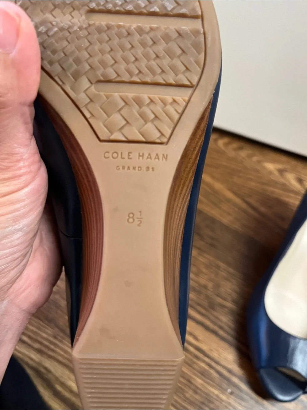 Cole Haan Navy Leather Peep-Toe Heels, size 8.5